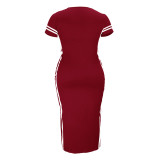 Plus Size Burgundy Slit Long Dress with Side Stripes(Without Belt)