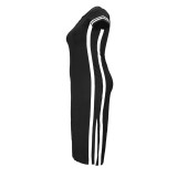 Plus Size Black Slit Long Dress with Side Stripes(Without Belt)
