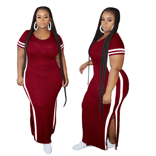 Plus Size Burgundy Slit Long Dress with Side Stripes(Without Belt)