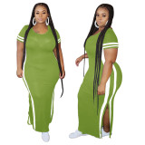 Plus Size Army Green Slit Long Dress with Side Stripes(Without Belt)