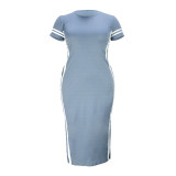 Plus Size Somky Blue Slit Long Dress with Side Stripes(Without Belt)