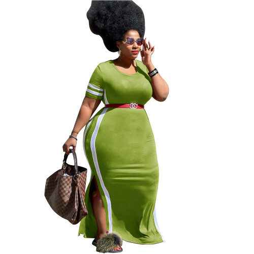 Plus Size Army Green Slit Long Dress with Side Stripes(Without Belt)