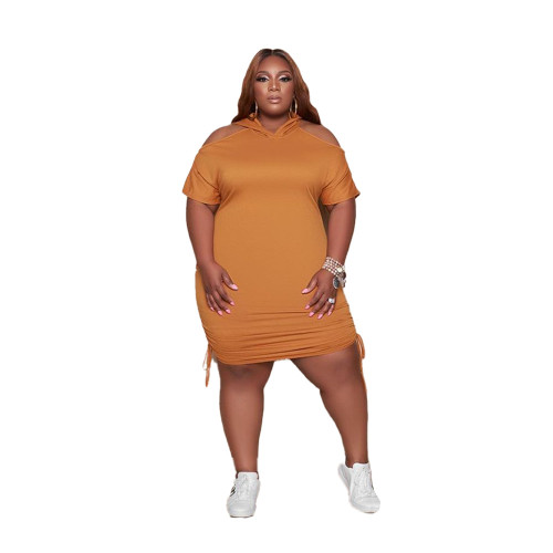Brown Cold Shoulder Drawstring Plus Size Sweat Dress with Hood