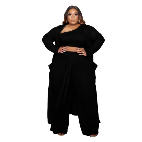 Black Plus Size Three Pieces Tank Top + Pants + Cardigan