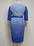 Plus Size Snake Skin Print Blue O-Neck 3/4 Sleeves Midi Dress with Belt