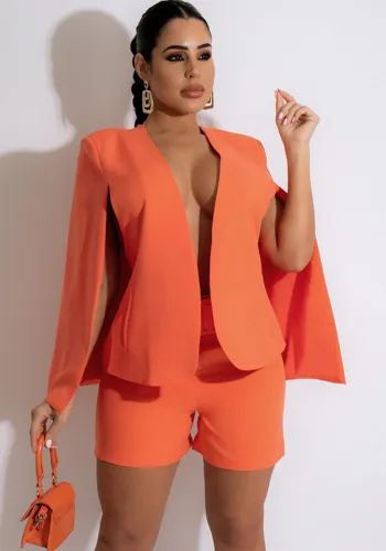 Orange Long Sleeves V-Neck Blazer and High Waist Shorts 2PCS Set