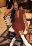 Brown Turndown Collar V-Neck Sleeveless Fitted Long Dress