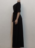 Black V-Neck Short Sleeves Pockets Slit Maxi Dress