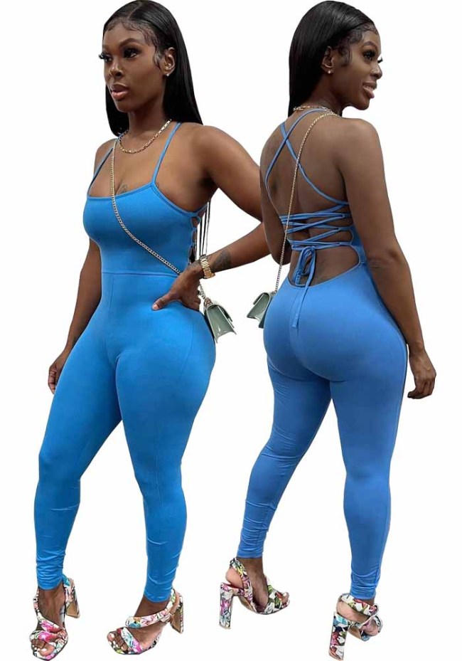 Blue Cami Sleeveless Lace Up Backless Slim Fit Jumpsuit