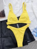 Yellow V-Neck Triangle Bra High Cut Cami Bikini Two Piece Set