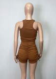 Brown O-Neck Sleeveless Crop Top and High Waist Zip Shorts 2PCS Set