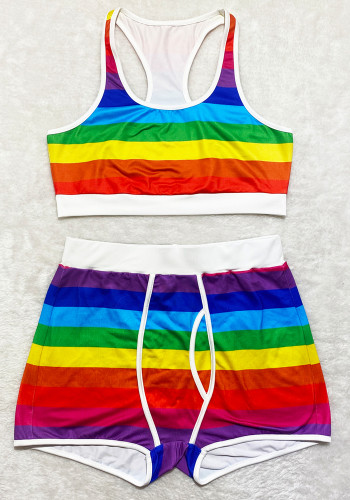 Rainbow Print Sport Sleeveless Tank Crop Top and High Waist Shorts 2PCS Sets 