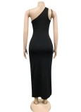 Black One Shoulder Sleeveless Irregular Maxi Dress