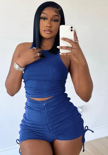 Blue O-Neck Sleeveless Crop Top and High Waist Zip Shorts 2PCS Set