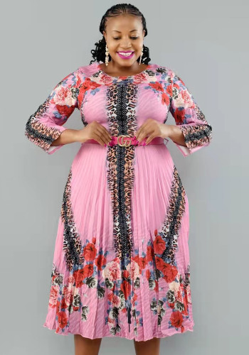 Plus Size Floral Print Pink O-Neck 3/4 Sleeves Midi Pleated Dress with Belt