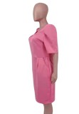 Plus Size Pink O-Neck Half Sleeves Midi Office Dress with Pocket