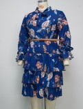 Floral Print Blue Turtleneck Long Sleeves Midi Layered Dress with Belt