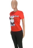 Animal Print Red Cute O-Neck Short Sleeves Casual Tee 