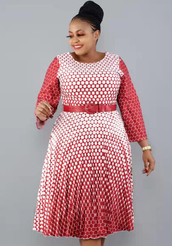 Plus Size Snake Skin Print Red O-Neck 3/4 Sleeves Midi Dress with Belt