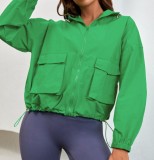 Green Zipper Open Long Sleeves Pockets Loose Hoody Top 