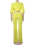 Yellow V-Neck Half Sleeves Crop Top and High Waist Pants 2PCS Set
