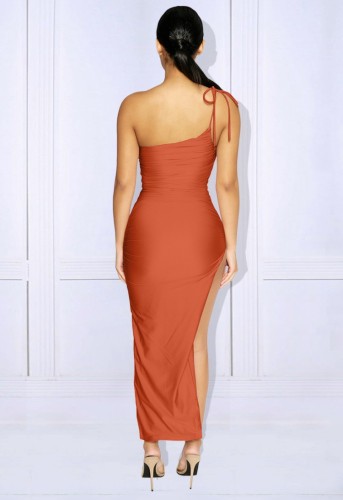 Orange Silk One Shoulder Slash Neck Sleeveless Long Dress