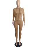 Nude Zip Long Sleeves Hoody Top with Pocket and High Waist Pants 2PCS Set 