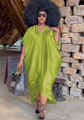 Plus Size Green Silk V-Neck Short Sleeves Loose Long Dress