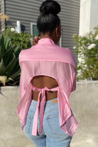 Pink Turndown Collar Open Back Long Sleeves Button Blouse