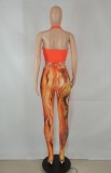 Orange Halter Sleeveless Crop Top and Print High Waist Tight Pants 2PCS Set