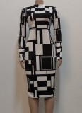 Geometric Print White Midi Neck Long Sleeves Midi Slinky Dress