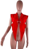 Red Turndown Collar Sleeveless Irregular Shirt with Pin