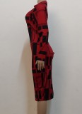 Geometric Print Red Midi Neck Long Sleeves Midi Slinky Dress