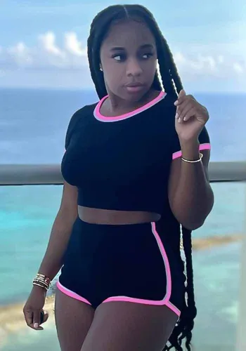 Black O-Neck Short Sleeves Crop Top and High Waist Piping Shorts 2PCS Set