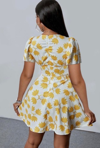Floral Print Deep-V Short Sleeves Mini Dress 