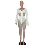 White Knotted Puff Sleeve Crop Top and Ruched Mesh Pants 2PCS Sets