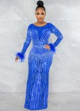 Blue Mesh Beaded O-Neck Long Sleeves Bodycon Maxi Dress