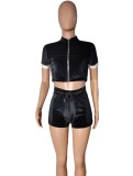 Black Velvet Zip Short Sleeves Crop Top and High Waist Shorts 2PCS Set