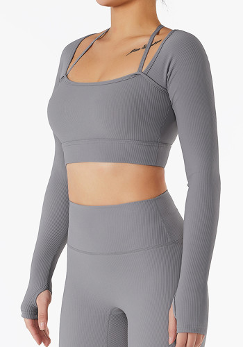 Grey Long Sleeves Yoga Crop Top with Half Gloves 