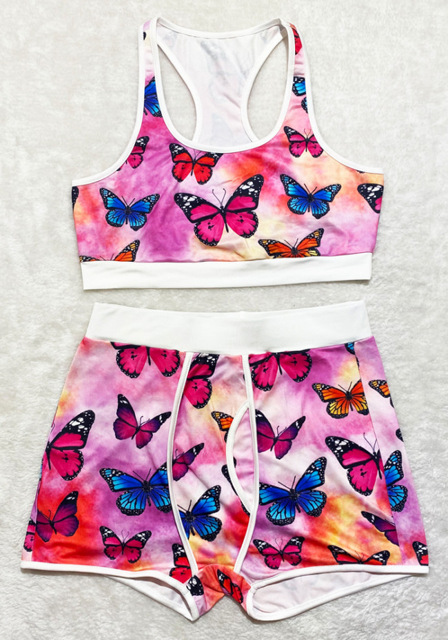 Butterfly Print Sport Sleeveless Tank Crop Top and High Waist Shorts 2PCS Sets 