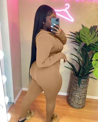 Nude Zip Long Sleeves Hoody Top with Pocket and High Waist Pants 2PCS Set 