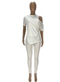 White O-Neck Short Sleeves Irregular Top and High Waist Pants 2PCS Set