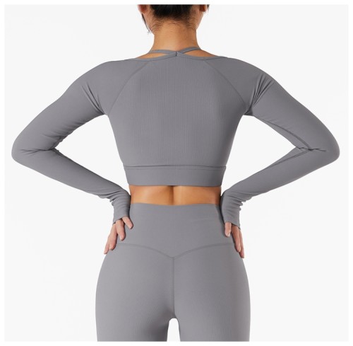 Grey Long Sleeves Yoga Crop Top with Half Gloves 