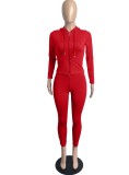 Red Zip Long Sleeves Hoody Top with Pocket and High Waist Pants 2PCS Set 
