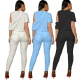 Blue O-Neck Short Sleeves Irregular Top and High Waist Pants 2PCS Set