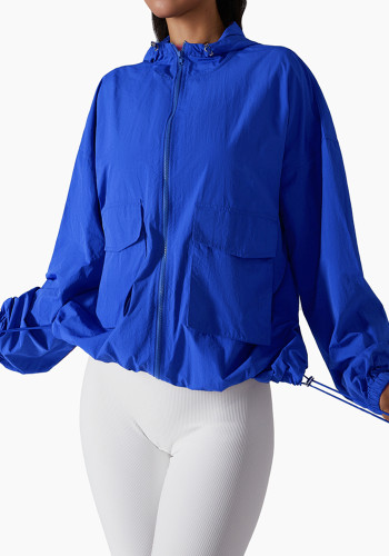 Blue Zipper Open Long Sleeves Pockets Loose Hoody Top 