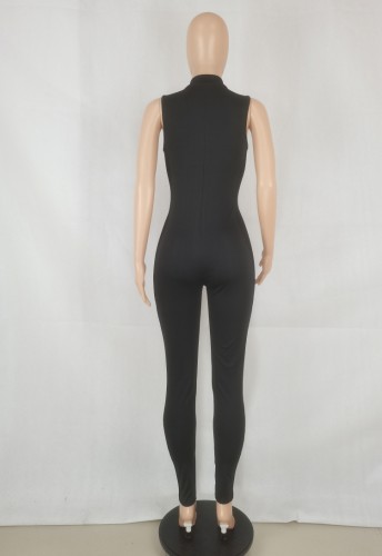 Black Turndown Collar Sleeveless Mesh Zip Up Slinky Jumpsuit