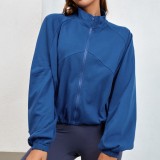 Blue Turtleneck Long Sleeves Pockets Loose Jacket 