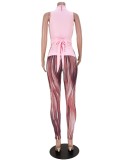 Pink Turtleneck Sleeveless Hollow Out Irregular Top and Print Tight Pants 2PCS Set
