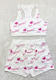 Print White Sport Sleeveless Tank Crop Top and High Waist Shorts 2PCS Sets 